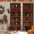 Detail van vintage boekenkast gordijn met Halloween pompoenen en kat silhouet op stof - Retro Halloween Boekenkast (24SG-1) / 130*160CM (Set van 2)