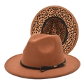 Detail of camel fedora hat featuring leopard print lining and black braided band - M (56-58cm) / Khaki