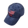Detalle del bordado de la bandera americana y texto USA en gorra de algodón lavado - Ajustable / Azul marino