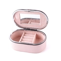 Pink oval PU leather jewelry box with travel mirror and multi-functional ring slots - Pearl Pink