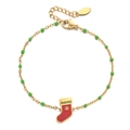 Detail of Christmas stocking pendant on gold stainless steel chain with green enamel beads - Grass Green