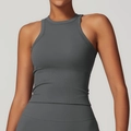Dark grey racerback seamless yoga top with a high neckline and ribbed knit texture - S / Dark Gray
