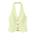 Pale yellow halter neck waistcoat vest with triple buttons and a clean tailored silhouette - XS / Pale Yellow Top