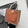 Orange and beige tweed checkered linen handbag featuring a decorative wooden button - Button Decor Style / Red