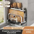 Multifunctional stainless steel kitchen knife rack with double chopstick tube and tray - Stainless Steel Silver / Wall Mounted