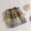Sac à bento japonais en coton et lin avec motif à carreaux bleu et marron et cordon - Carreaux Brossés Bleus