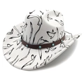 White cowboy hat with black bird silhouettes and turquoise studded brown faux leather band - M (56-58cm) / Flat Top / Seagull Print / White - Flat Top