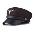 Classic black military cadet cap with leather brim and silver bull head metal logo emblem - M (56-58cm) / Coffee (Bull Head)