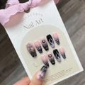 Pink and black gradient press-on nails with 3D metal hearts and punk flame patterns - L / Cool Girl Night Flame