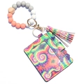 Silicone bead wristlet with rainbow tie-dye PU leather card holder and tassel - Red Tie-dye