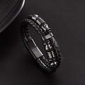 Men's double-layer black braided leather bracelet with grey metal beads and magnetic clasp - Black Leather Black Buckle