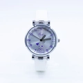 Elegant women's watch with silver case, white leather strap and purple numeral dial - White