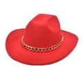 Detail of red wool fedora hat featuring a chunky gold chain accessory on white background - M (56-58cm) / Red