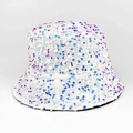 White bucket hat featuring colorful holographic sequins in blue and lavender hues - AB White
