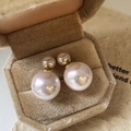 Classic double-beaded pearl earrings with gold finish in a velvet gift box - Double Pearl Studs - A1399 White