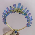 Detail of handmade crown with blue-purple crystals and golden triple moon symbol - Blue Purple Gradient Triple Moon