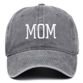 Detail of MOM embroidery on dark gray washed cotton baseball cap with high texture - Adjustable / Grey MOM