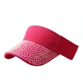 Women's rose red sun visor hat featuring sparkling colorful rhinestones on the brim - Rose Red + Rose AB Rhinestones