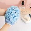 Light blue 2-in-1 exfoliating shower glove with integrated mesh bath sponge for skin cleaning - Blue