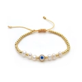 Handgefertigtes Armband mit Barockperlen, Goldperlen, Evil Eye Anhänger und verstellbarer Kordel - Schwarz