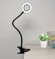 Black LED clip-on ring lamp with flexible gooseneck and white light on wooden desk - Plain Style / Black