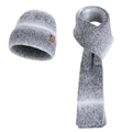 Set invernale con berretto e sciarpa in maglia a righe grigio-bianche e etichetta in pelle - Set da 2 pezzi / Grigio