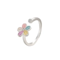Silver-toned open ring featuring multi-color enamel flower petals and sparkling rhinestones - Five-petal Flower Multicolor Enamel Ring (Bright Silver 1883)