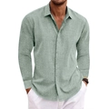 Men's sage green linen long sleeve shirt with classic button-down collar and texture - Matcha Green