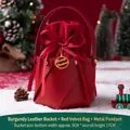 Christmas wine red leather gift bag with Merry Christmas metal charm and velvet pouch - Red Bucket + Red Velvet Bag