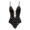 Detailed view of the deep V-neckline with gold ring buckles and white polka dots on the swimwear - S / Swimwear