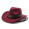 Détail du chapeau de cowboy en feutre bordeaux avec bande en cuir cloutée et cordon - M(56-58cm) / Bordeaux