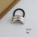 Geometric silver metal hair tie with double curved plates and black elastic cord - Large Double-Bar Smooth Silver