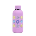 Purple matte stainless steel water bottle featuring colorful pop art cartoon icons - Lilac Purple Style 3A