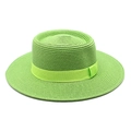 Detail of bright green woven boater hat with matching satin ribbon for sun protection - Fruit Green