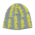 Detail shot of gray knit beanie featuring vibrant neon yellow jacquard lettering pattern - M (56-58cm) / Yellow