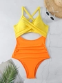 Detailed flat lay of a yellow and orange cutout one-piece swimsuit with summer accessories - S / Yellow+Orange