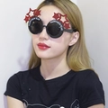 Happy New Year party glasses with red glitter stars and round black plastic frames - Red Glitter Star Round New Year Glasses