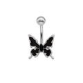 Silver belly button ring featuring a black enamel butterfly design with a center black gem - Black