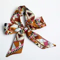 Polka dot and geometric pattern satin silk twilly scarf tied in a bow, style S34 - S34-Geometric Color Block Polka Dot