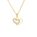 Golden double heart pendant necklace with white cubic zirconia on an O-chain link - Conjoined Heart - Gold