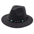 Detailed macro view of charcoal wool fedora with leather band and turquoise studs - M (56-58cm) / Dark Gray