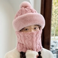 Detail of pink knitted winter hat and plush neck warmer set showing soft fleece texture - Pineapple Pom Pom / Pink