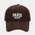 Macro detail of PARIS FRENCH white embroidery on brown cotton canvas baseball cap - Dark Brown