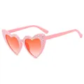 Pink heart-shaped sunglasses with sparkling rhinestones and gradient orange lenses - Bright Pink Double Red Lens
