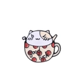 Pin's rétro chat dans une tasse à café rouge à pois avec inscription good luck - Tasse à Pois Rouges Chat Blanc Bonne Chance (C1958-10)