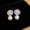 Silver butterfly earrings with sparkling crystals and round white pearls on black velvet - 925 Sterling Silver Earring Post - Silver Zircon Flower Pearl Studs