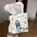 Cremefarbene Canvas-Tragetasche mit Cartoon-Illustration und Happy Life Aufdruck - Mädchen im Waldstil / Kein Reißverschluss Keine Innentasche