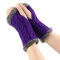 Winter cable knit fingerless gloves in purple with cozy grey faux fur trim - One Size / Purple 12#