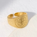 Anello aperto vintage in acciaio inossidabile dorato con medaglia di San Benedetto - Taglia 7 (Regolabile) / Oro