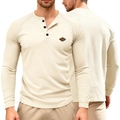 Men's waffle knit long sleeve henley t-shirt in apricot with a brown leather patch - Off White
